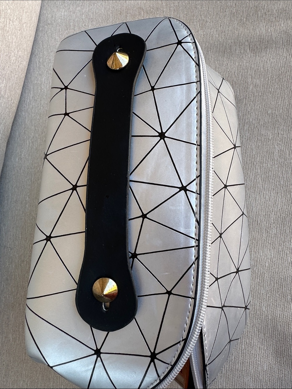 Silver Geometric Cosmetic Pouch with Black Handle
